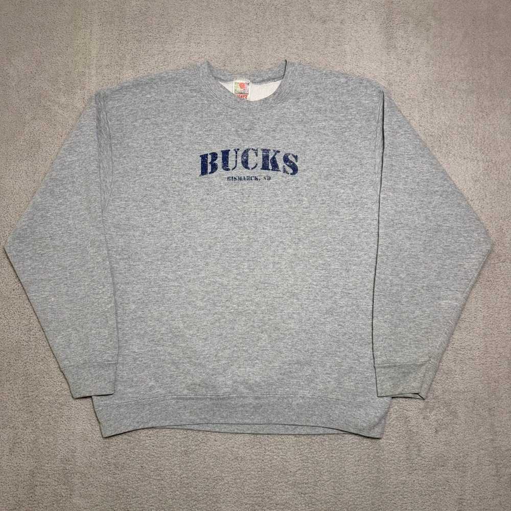 Vtg Fruit Of The Loom Crewneck Sweatshirt Men’s Large Gray Bucks Bismarck, ND - Picture 1 of 8